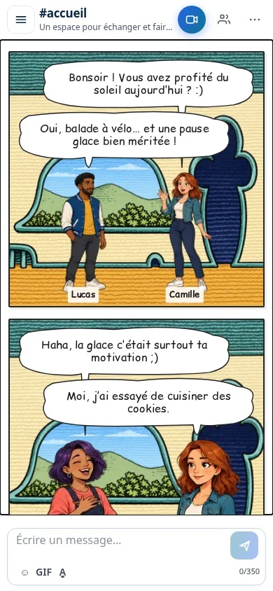 Le mode BD de Dialova sur téléphone : les cases de la conversation se lisent l’une après l’autre.