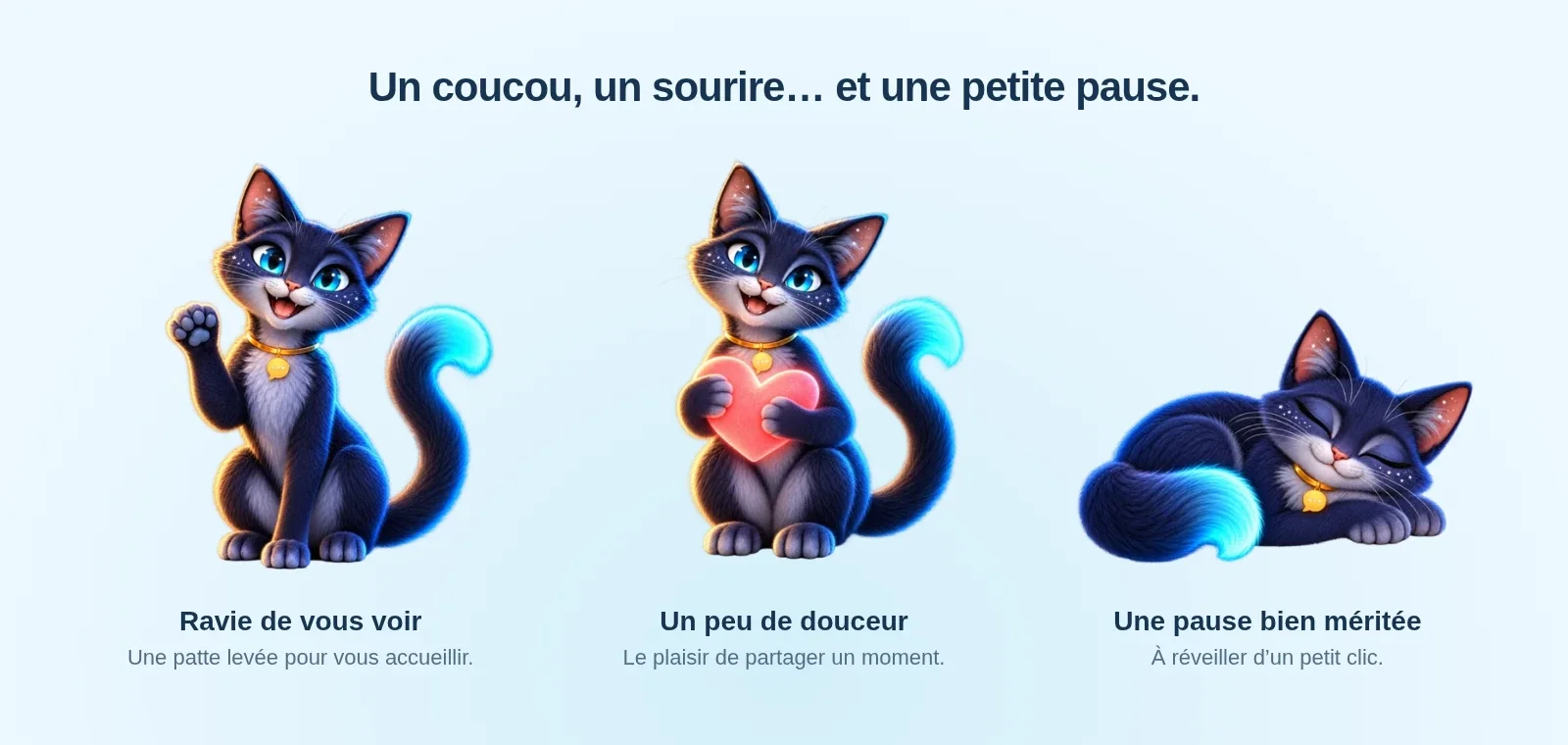 Luna dans trois poses : elle fait un signe de la patte, tient un cœur et dort, roulée sur elle-même.