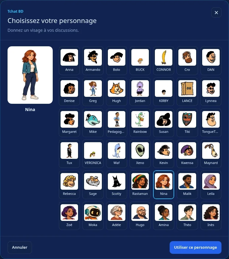 La fenêtre de choix du personnage sur Dialova, avec un aperçu et le catalogue des personnages disponibles.