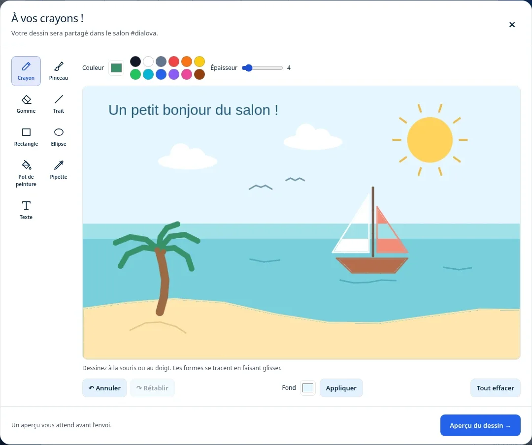 L’éditeur de dessin Dialova avec un petit paysage de bord de mer : un soleil, des nuages, un palmier et un voilier.