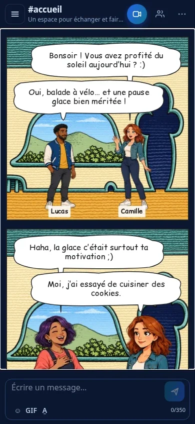 Le mode BD de Dialova sur téléphone : les cases de la conversation se lisent l’une après l’autre.