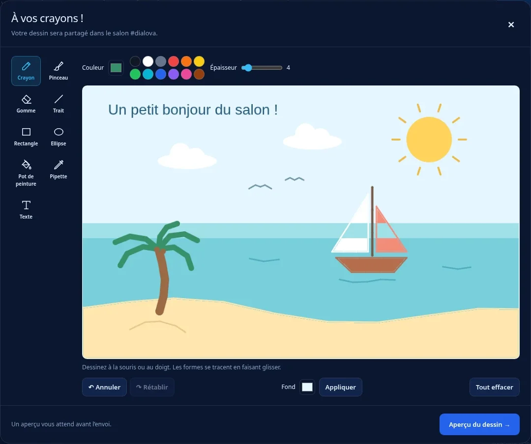 L’éditeur de dessin Dialova avec un petit paysage de bord de mer : un soleil, des nuages, un palmier et un voilier.