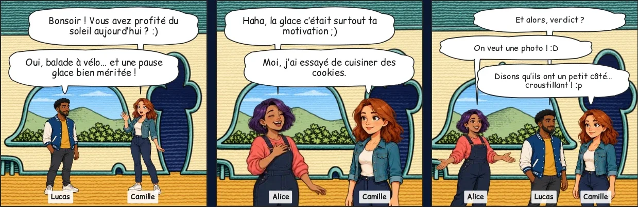 Une conversation de démonstration dans le mode BD de Dialova : Camille, Lucas et Alice échangent dans des cases avec leurs personnages et des bulles.