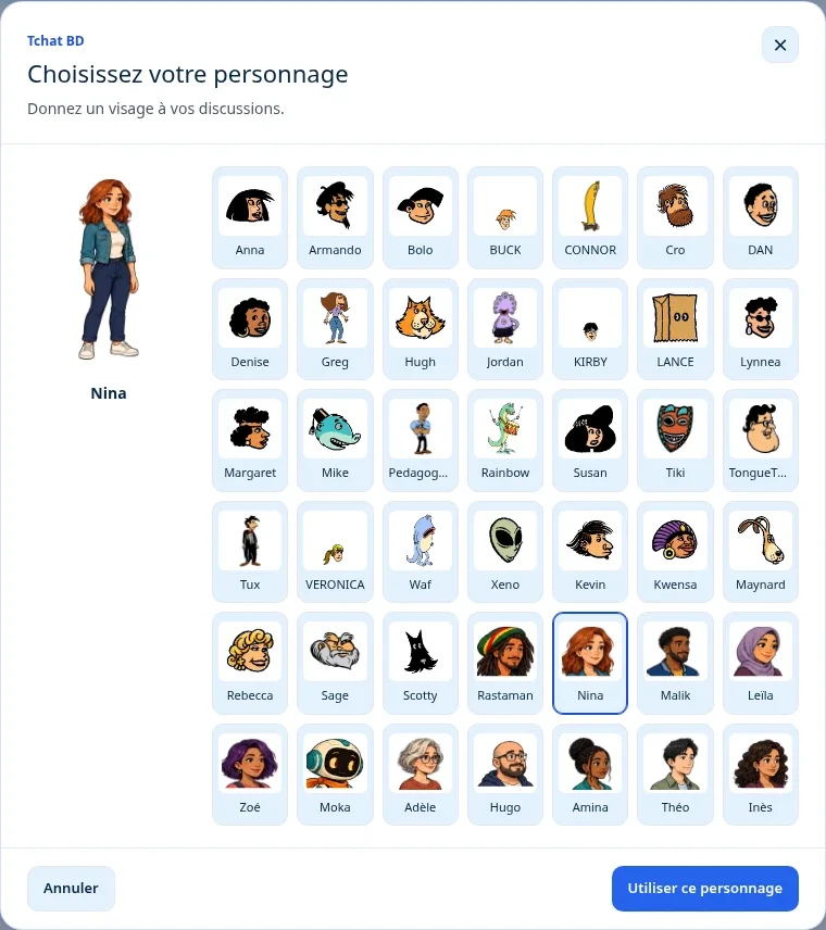 La fenêtre de choix du personnage sur Dialova, avec un aperçu et le catalogue des personnages disponibles.