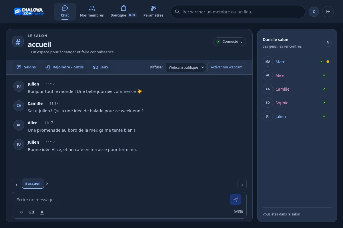 Salon de discussion Dialova en thème sombre, avec les messages et la liste des membres connectés.