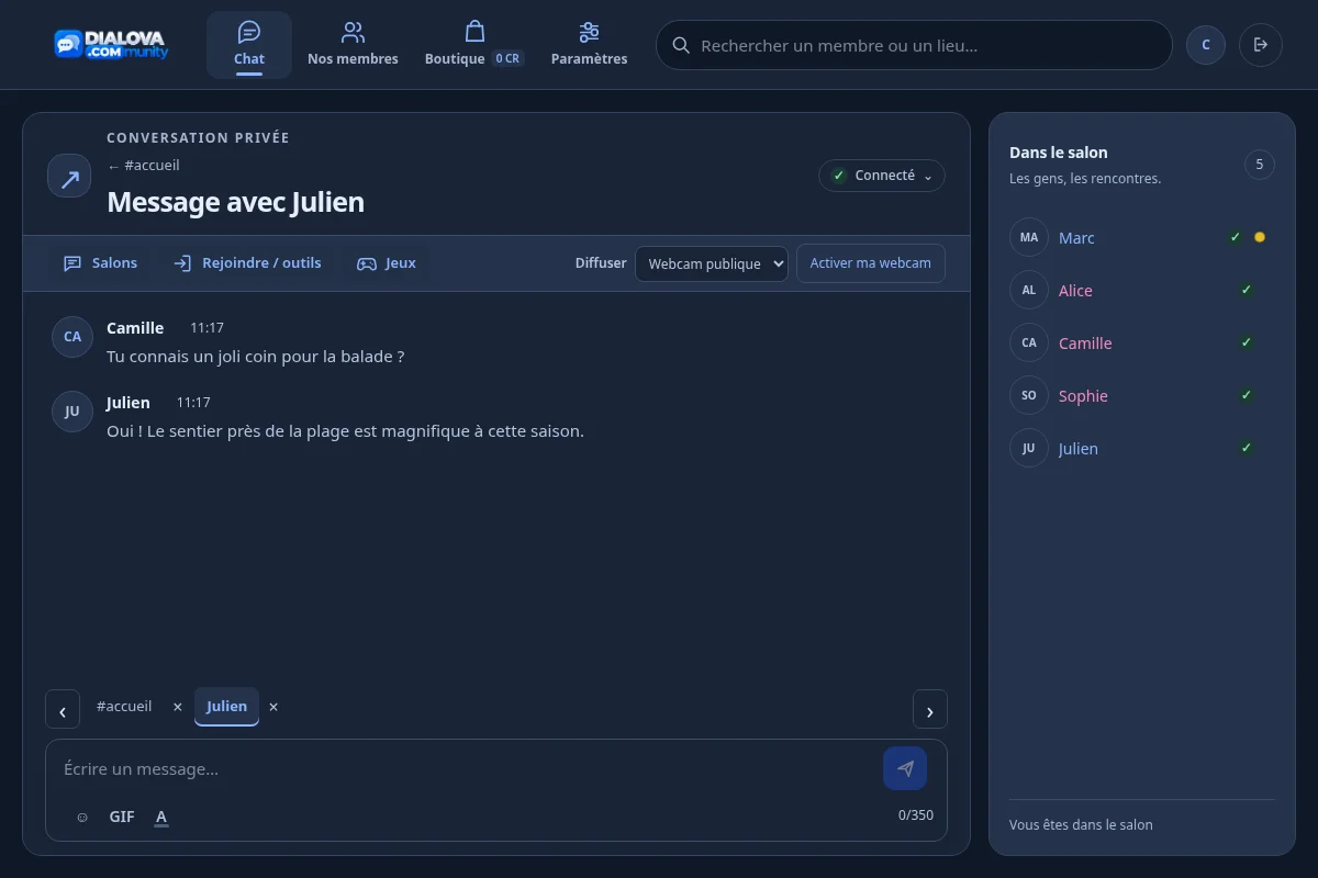 Conversation privée entre deux membres de démonstration dans le chat Dialova.